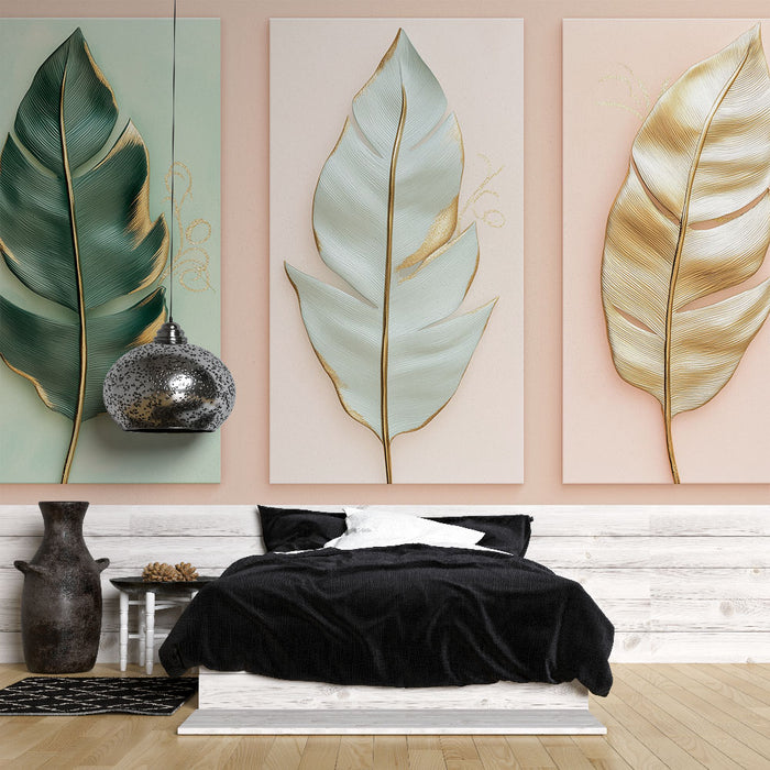 Une chambre moderne avec un papier peint représentant de grandes feuilles stylisées aux teintes vertes, bleues et dorées, créant une ambiance élégante et apaisante.