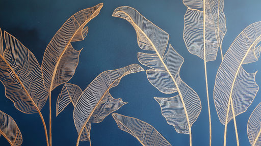 Papier peint feuilles stylisées Feuilles dorées sur fond bleu profond