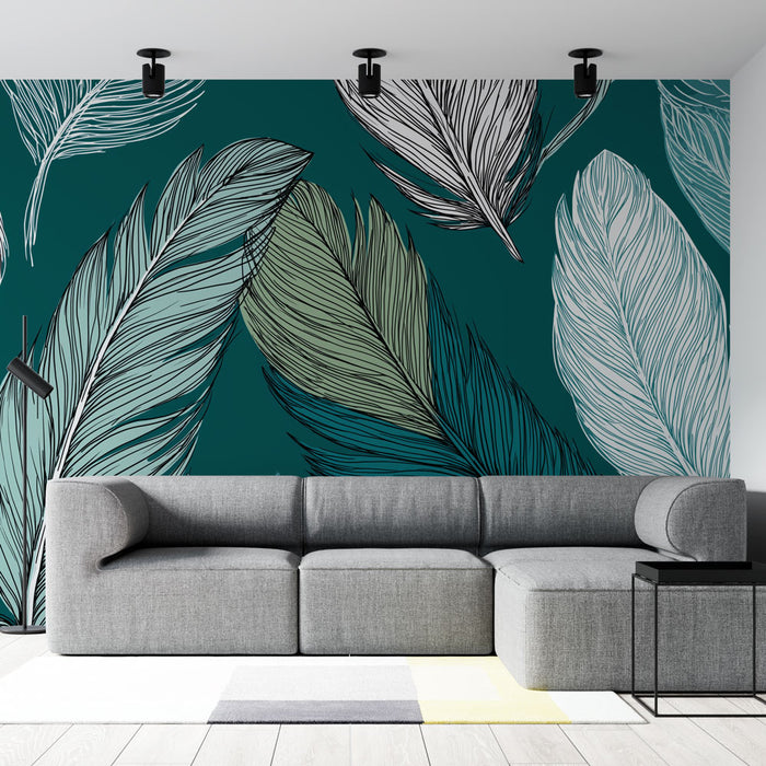 Un salon moderne avec un papier peint représentant de grandes feuilles stylisées sur fond vert émeraude, créant une atmosphère apaisante et naturelle.