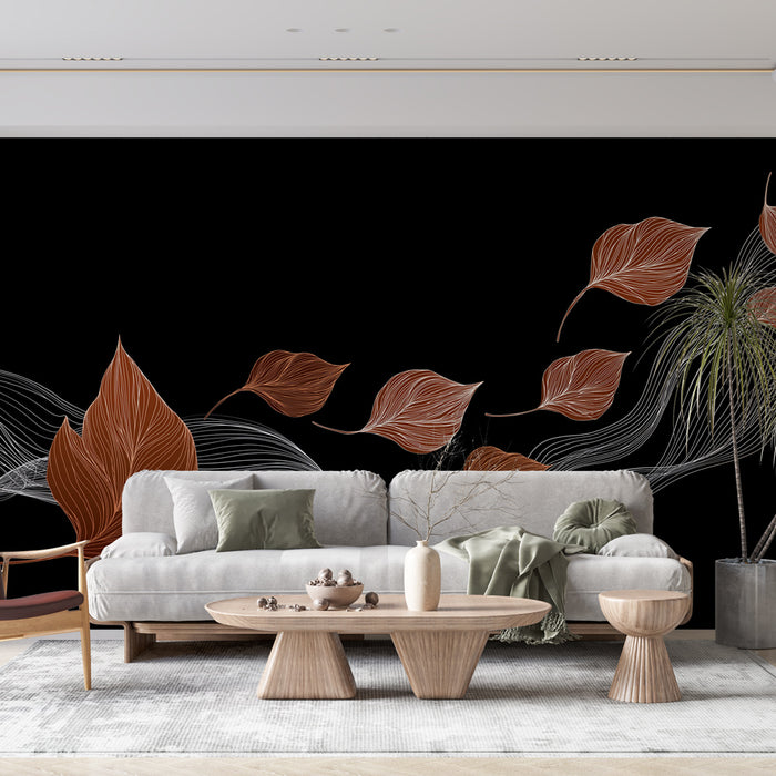Un salon contemporain avec un papier peint noir orné de feuilles stylisées en cuivre et des lignes délicates, créant une ambiance chic et apaisante.