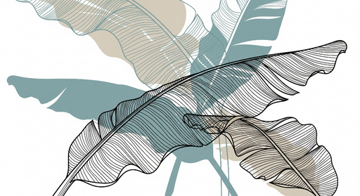 Papier peint feuilles stylisées Motifs de feuilles en noir et turquoise sur fond clair