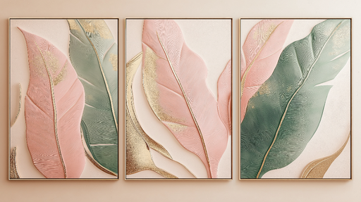 Papier peint feuilles stylisées Motifs de feuilles en rose et vert avec des accents dorés