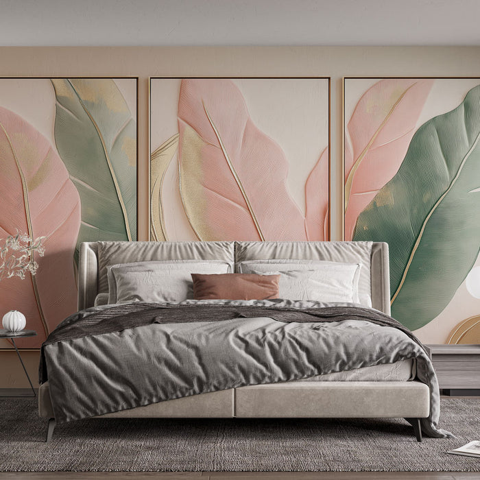Une chambre élégante avec un papier peint représentant de grandes feuilles en relief dans des teintes pastel, créant une atmosphère douce et apaisante.