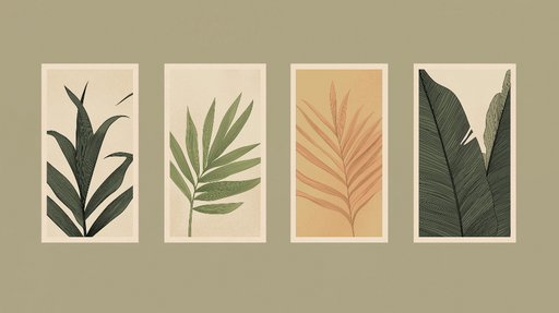 Papier peint feuilles stylisées Quatre illustrations de plantes dans des tons doux