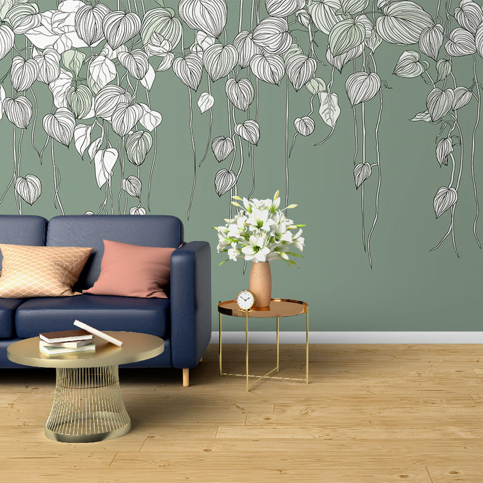 Papier peint feuilles suspendues | Élégantes feuilles en contour noir sur fond vert