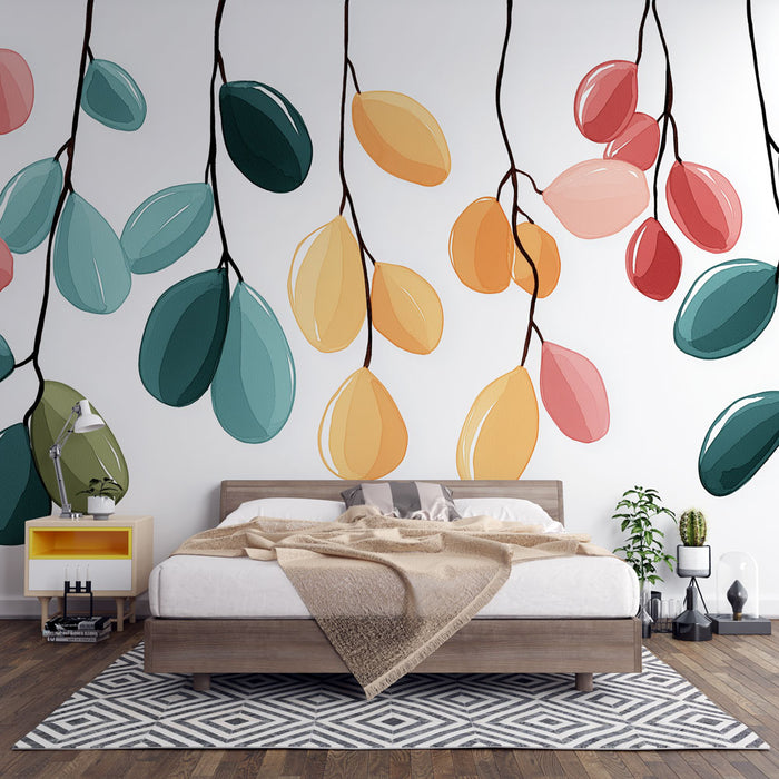Une chambre moderne avec un papier peint illustrant des feuilles stylisées aux teintes pastel, créant une atmosphère joyeuse et apaisante.
