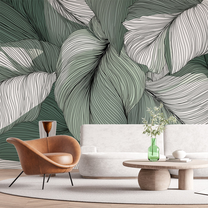 Papier peint feuilles texturées | Motifs de feuilles élégantes en nuances de vert et blanc