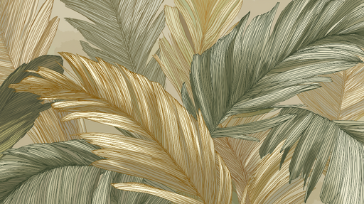 Papier peint feuilles tropicales Design élégant de feuillage doré et vert sur fond neutre