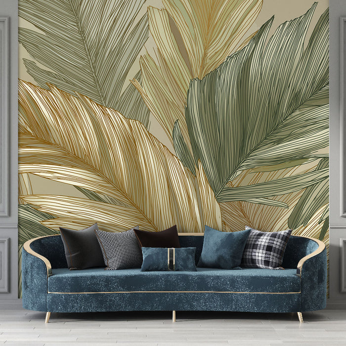 Papier peint feuilles tropicales | Design élégant de feuillage doré et vert sur fond neutre