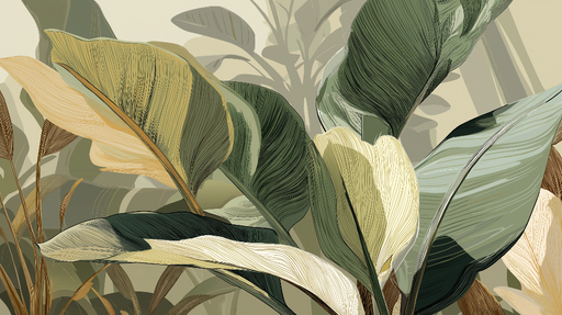 Papier peint feuilles tropicales Design sophistiqué de feuillage délicat avec des nuances douces