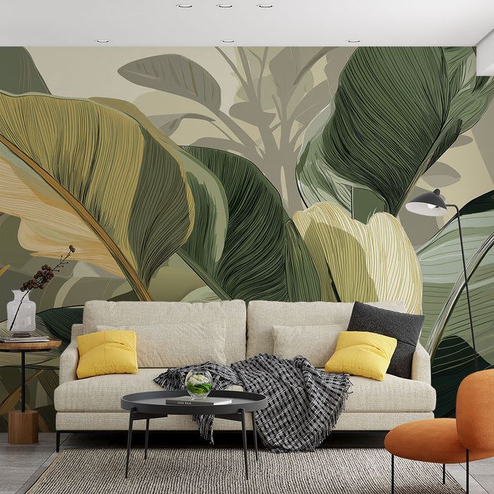 Papier peint feuilles tropicales | Design sophistiqué de feuillage délicat avec des nuances douces