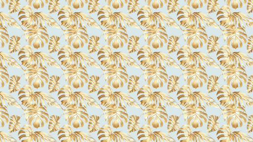 Papier peint feuilles tropicales dorées Un motif luxuriant de feuillage aux teintes dorées sur fond bleu clair