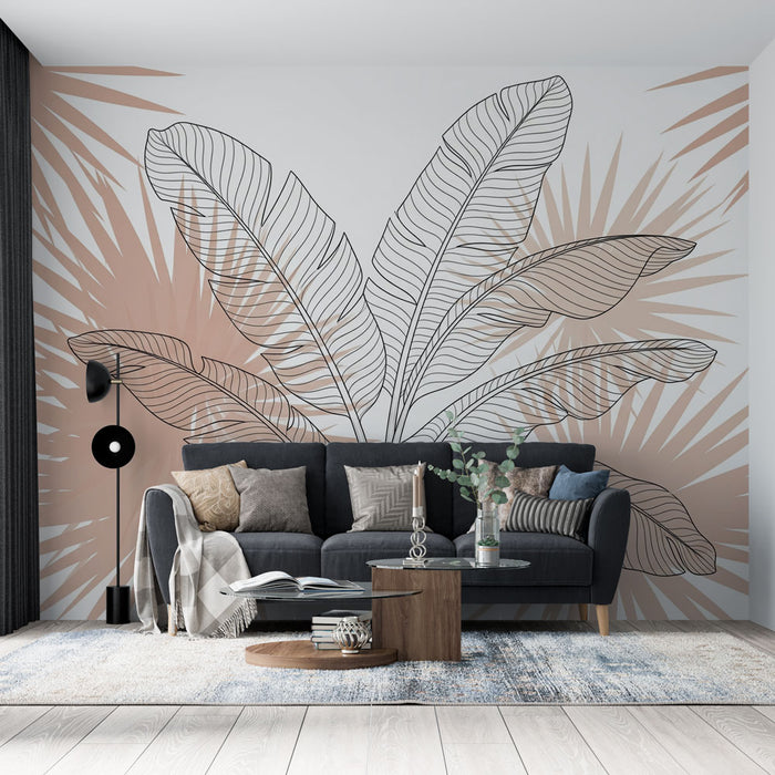 Un salon moderne avec un papier peint tropical aux grandes feuilles stylisées sur fond beige, créant une ambiance chaleureuse et apaisante.
