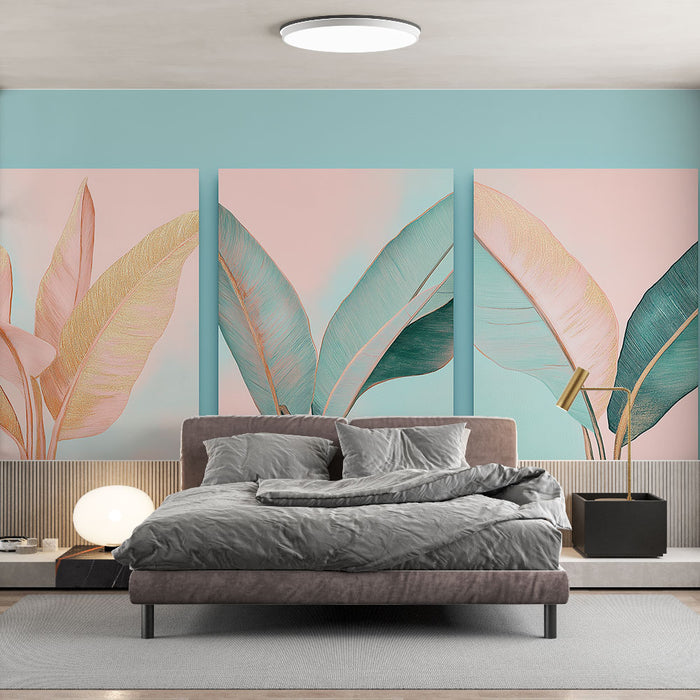 Une chambre moderne avec un papier peint tropical aux grandes feuilles stylisées sur fond pastel, créant une atmosphère fraîche et apaisante.