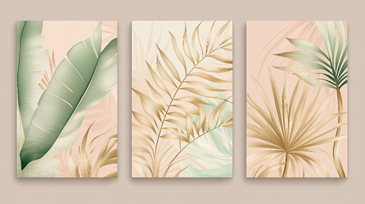 Papier peint feuilles tropicales Élégantes feuilles dorées et vertes sur fond pastel