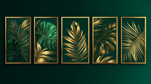 Papier peint feuilles tropicales Élégantes feuilles dorées et vertes sur fond vert profond