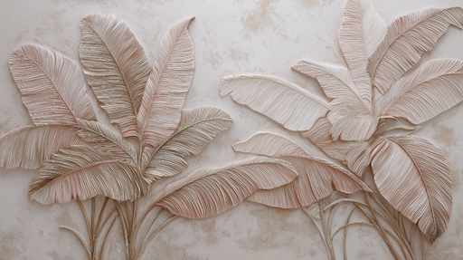 Papier peint feuilles tropicales Élégantes feuilles en relief aux nuances douces
