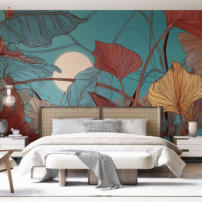 Une chambre moderne avec un papier peint tropical aux grandes feuilles stylisées sur fond turquoise, créant une atmosphère apaisante et chaleureuse.