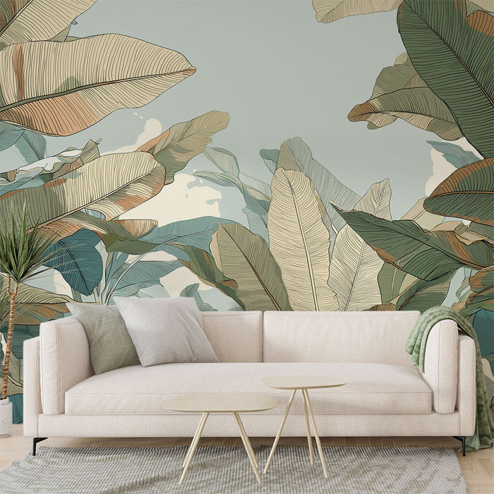 Papier peint feuilles tropicales | Feuillage stylisé dans des tonalités douces