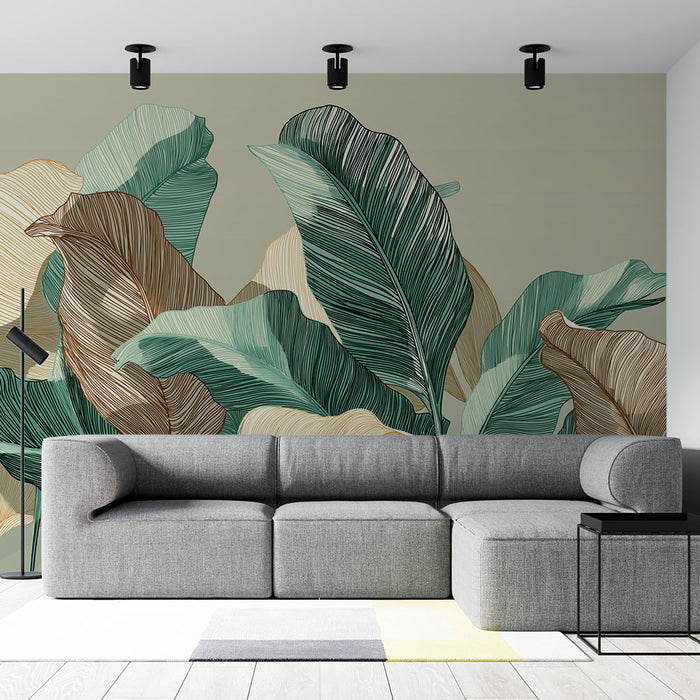 Papier peint feuilles tropicales | Feuilles aux nuances de vert et de beige