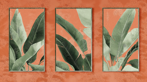 Papier peint feuilles tropicales Feuilles vertes sur fond corail