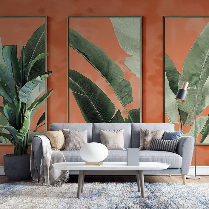 Papier peint feuilles tropicales | Feuilles vertes sur fond corail