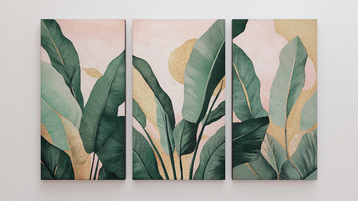 Papier peint feuilles tropicales Feuilles vertes sur fond rose avec accents dorés