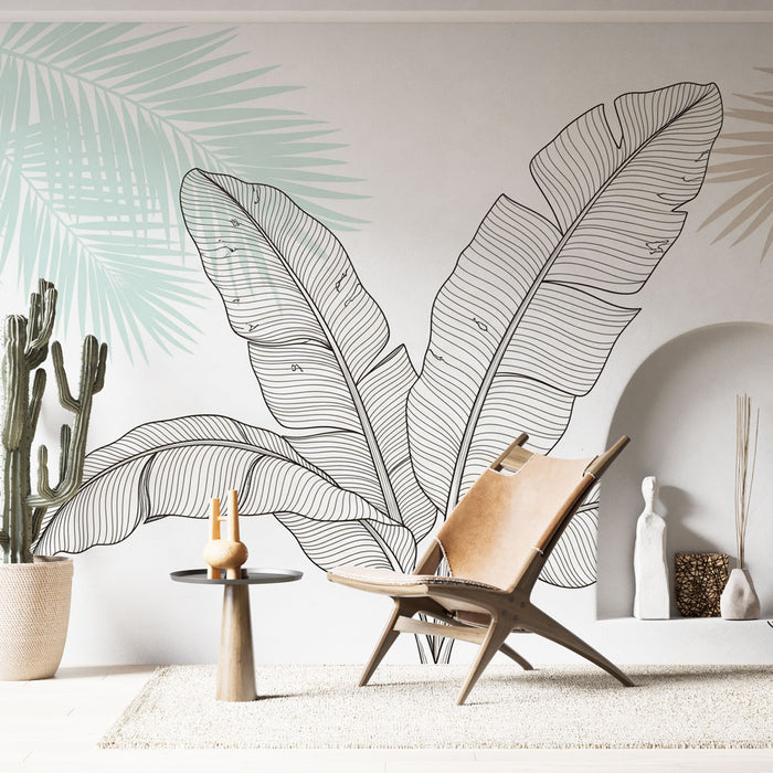 Une pièce moderne avec un papier peint tropical représentant de grandes feuilles stylisées en noir sur fond clair, créant une ambiance fraîche et apaisante.