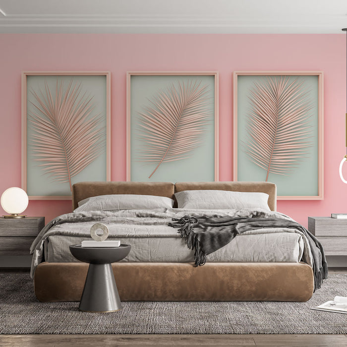 Une chambre moderne avec un papier peint rose délicat mettant en valeur des feuilles de palmier en relief, créant une atmosphère douce et apaisante.