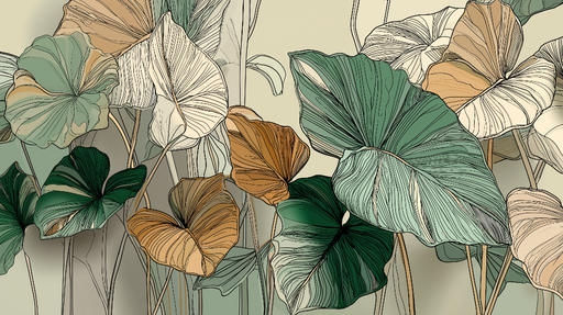 Papier peint feuilles tropicales Motif délicat de feuilles aux couleurs douces et naturelles