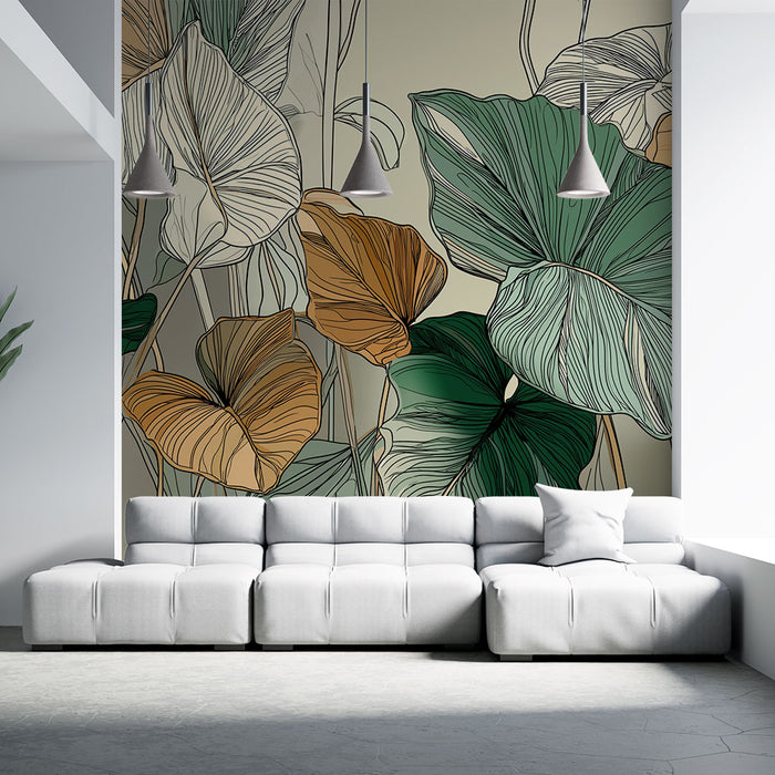 Papier peint feuilles tropicales | Motif délicat de feuilles aux couleurs douces et naturelles