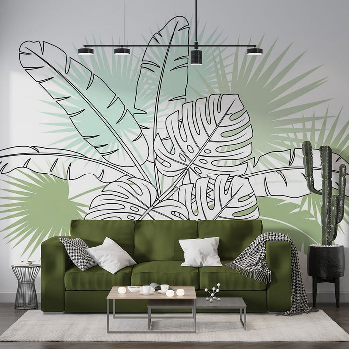 Un salon contemporain avec un papier peint tropical aux motifs de grandes feuilles dessinées en noir sur fond vert clair, créant une ambiance fraîche et vivante.