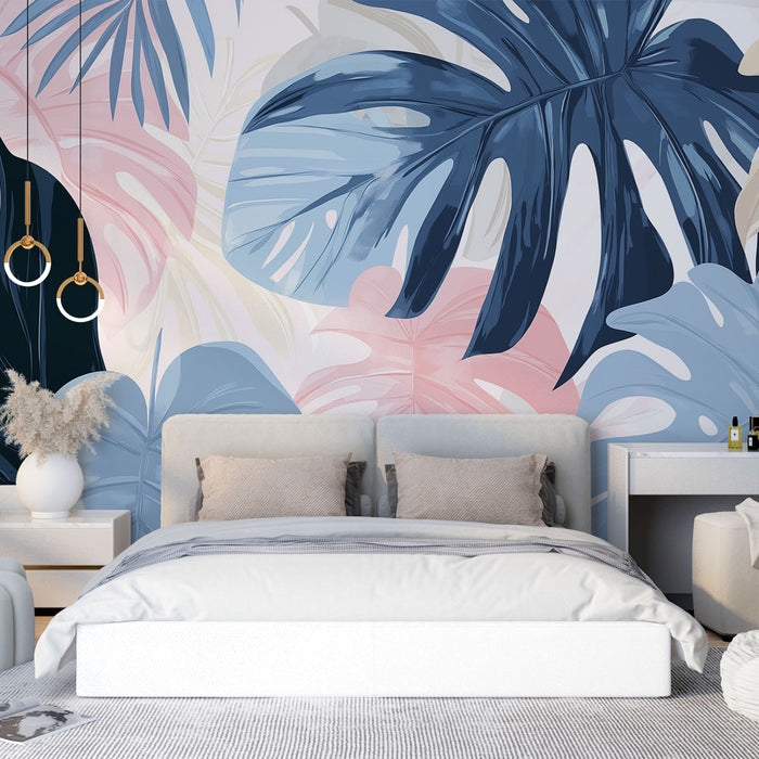 Une chambre moderne avec un papier peint tropical aux grandes feuilles dans des teintes de bleu et rose, créant une ambiance fraîche et apaisante.