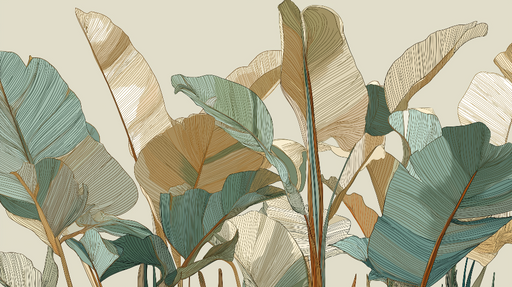 Papier peint feuilles tropicales Motif élégant de feuilles aux lignes délicates et couleurs pastel