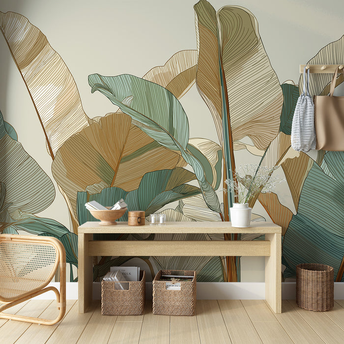 Papier peint feuilles tropicales | Motif élégant de feuilles aux lignes délicates et couleurs pastel