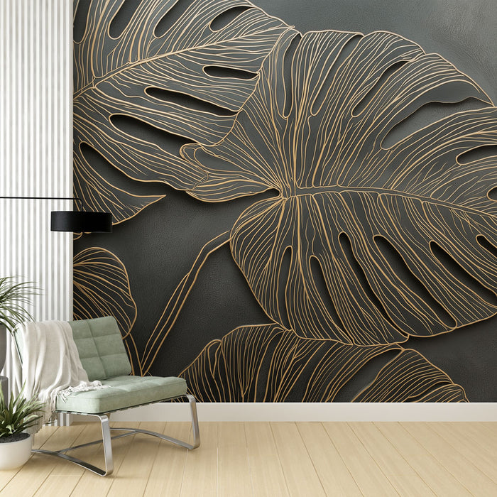 Une pièce moderne avec un papier peint noir texturé orné de grandes feuilles dorées, créant une ambiance élégante et chaleureuse.