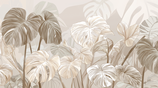Papier peint feuilles tropicales Motif élégant de feuilles monstera en teintes kaki et crème