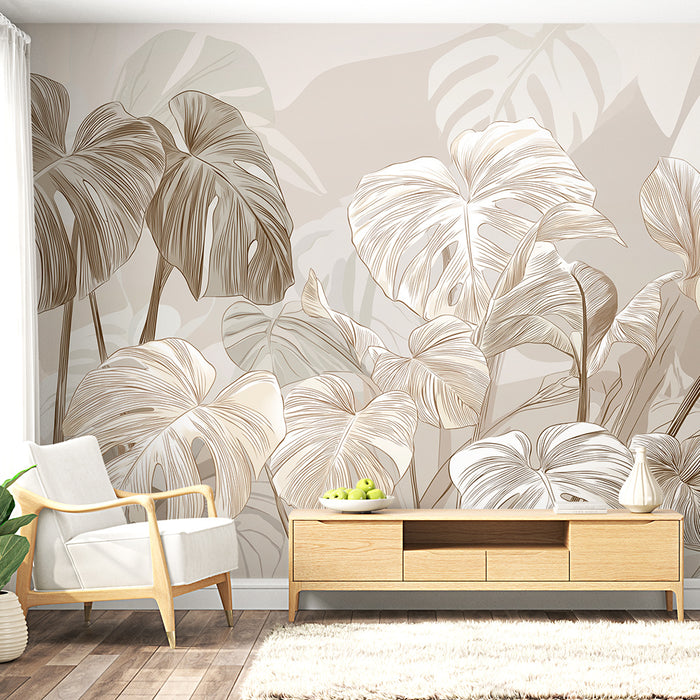 Papier peint feuilles tropicales | Motif élégant de feuilles monstera en teintes kaki et crème