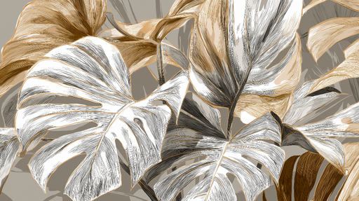 Papier peint feuilles tropicales Motif intemporel de feuilles de monstera en nuances terreuses et dorées