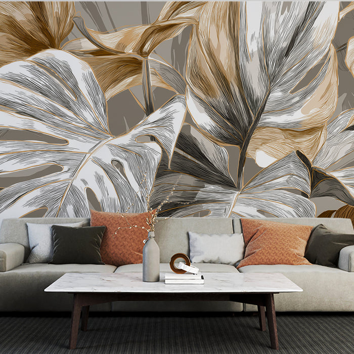 Papier peint feuilles tropicales | Motif intemporel de feuilles de monstera en nuances terreuses et dorées