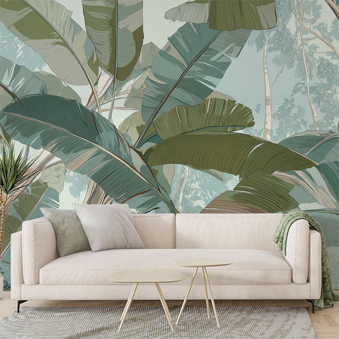 Papier peint feuilles tropicales | Motif luxuriant de grandes feuilles vertes avec des touches douces