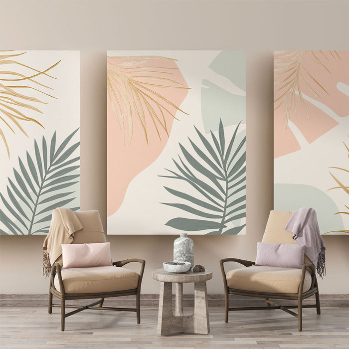 Une pièce moderne avec un papier peint tropical aux motifs de feuilles délicates dans des teintes pastel, créant une atmosphère douce et apaisante.