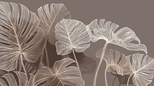 Papier peint feuilles tropicales Motifs de feuilles délicatement dessinées en blanc sur fond marron