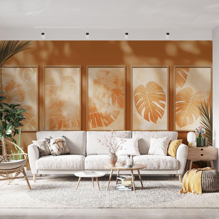Papier peint feuilles tropicales | Motifs de feuilles monstera en teintes orangées