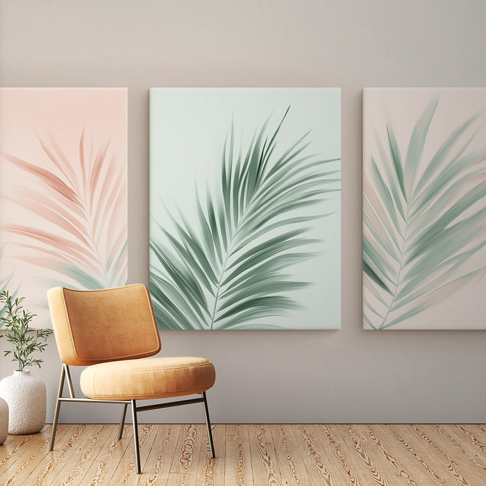 Un salon moderne avec un papier peint représentant des feuilles tropicales délicates sur des fonds pastel, créant une atmosphère apaisante et élégante.