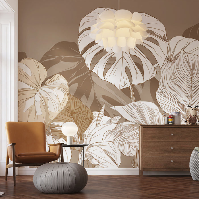 Papier peint feuilles tropicales | Motifs doux de feuilles dans des tons neutres