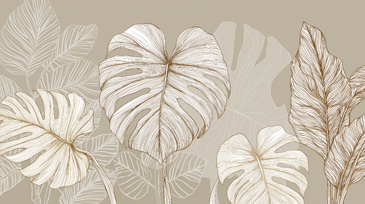 Papier peint feuilles tropicales Motifs linéaires élégants de grandes feuilles sur fond beige
