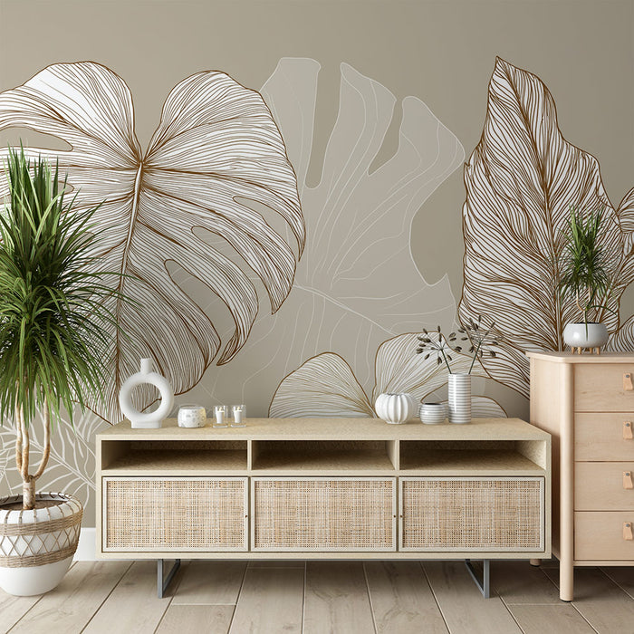 Papier peint feuilles tropicales | Motifs linéaires élégants de grandes feuilles sur fond beige