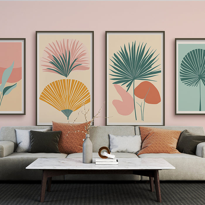 Un salon moderne avec un papier peint pastel doux, orné de motifs de feuilles stylisées aux teintes vertes, roses et jaunes, créant une atmosphère chaleureuse et accueillante.