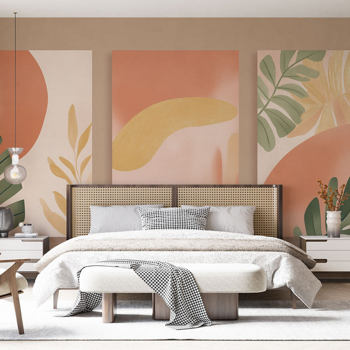Une chambre moderne avec un papier peint abstrait aux teintes douces de rose, jaune et vert, créant une ambiance chaleureuse et accueillante.